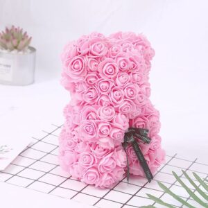 Pink and white artificial rose teddy bears with satin ribbon bow