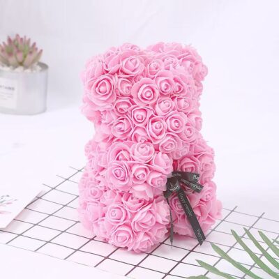 Pink and white artificial rose teddy bears with satin ribbon bow