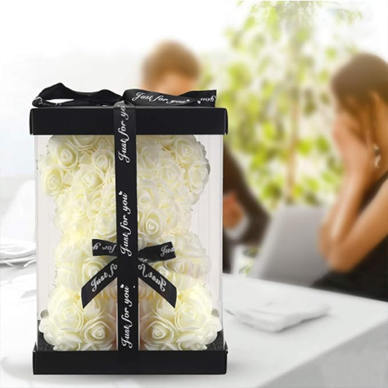 Handmade 10 inch foam rose teddy bear in clear display packaging
